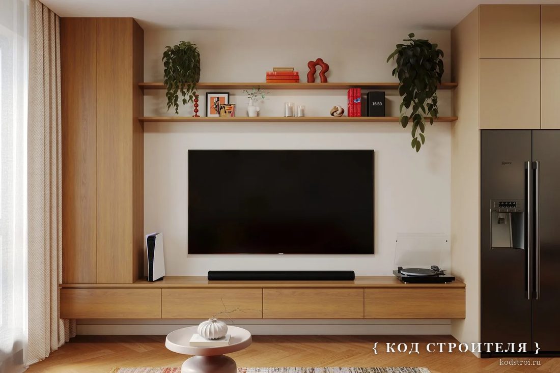 Квартира 60 м² — ТВ-зона, визуализация из дизайн-проекта